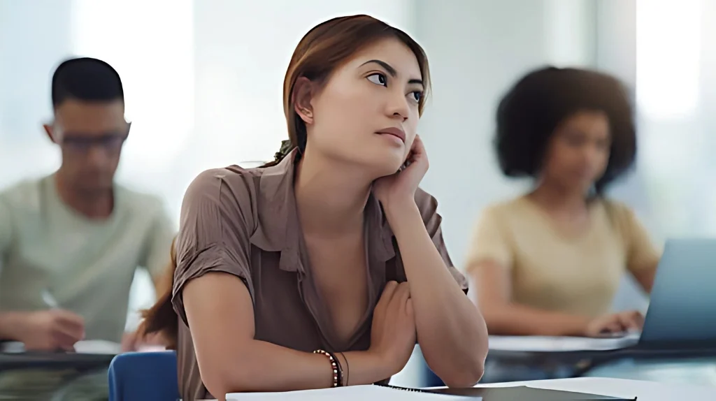 Young woman with ADHD looking thoughtful during therapy session at Hope Springs Mental Health Clinic