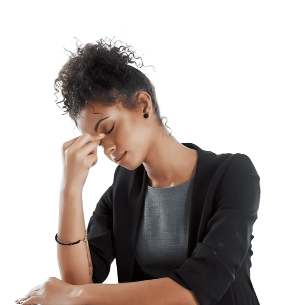 Stressed woman with eyes closed and hand on forehead, representing mental exhaustion and the need for emotional support at Hope Springs Mental Health Clinic.