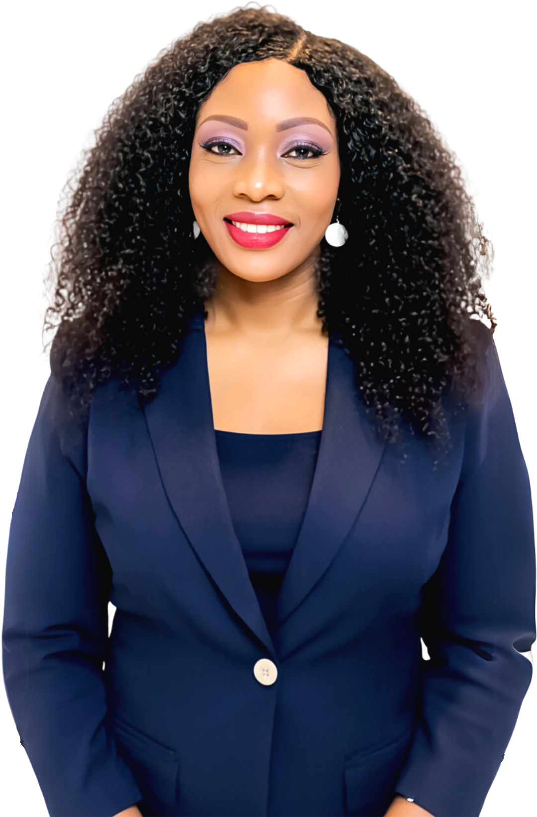Janefrances Ologolo, experienced nurse practitioner at Hope Springs Mental Health Clinic, smiling in a professional navy blue suit.