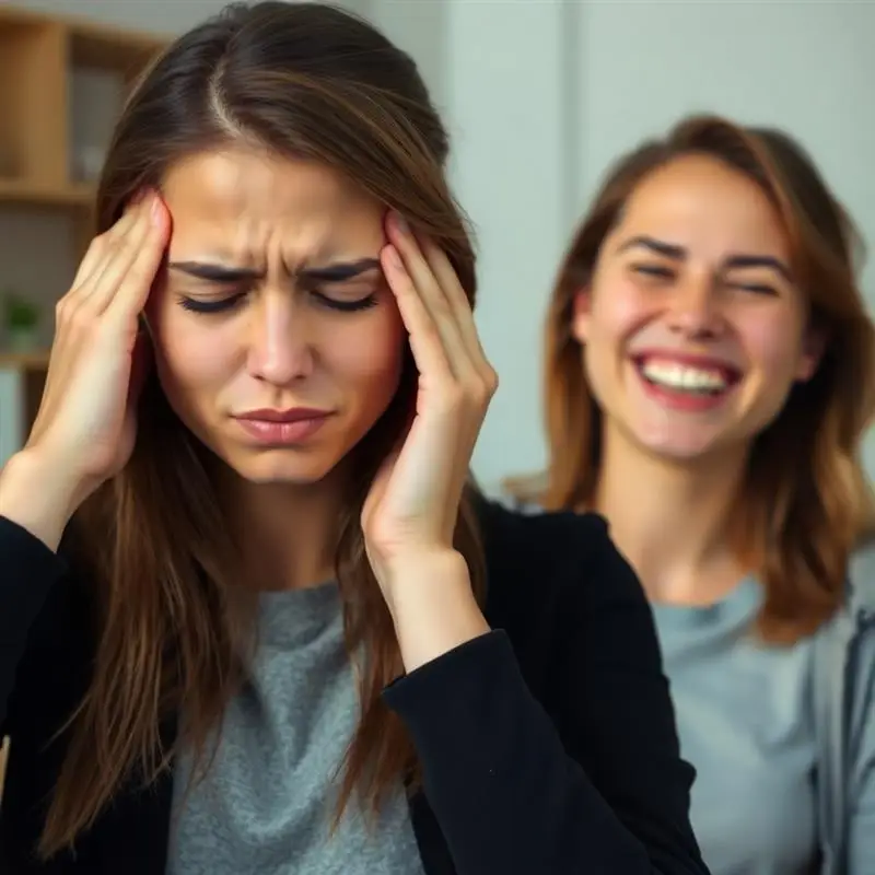 Woman with bipolar disorder experiencing mood distress while friend shows contrasting happy mood in background