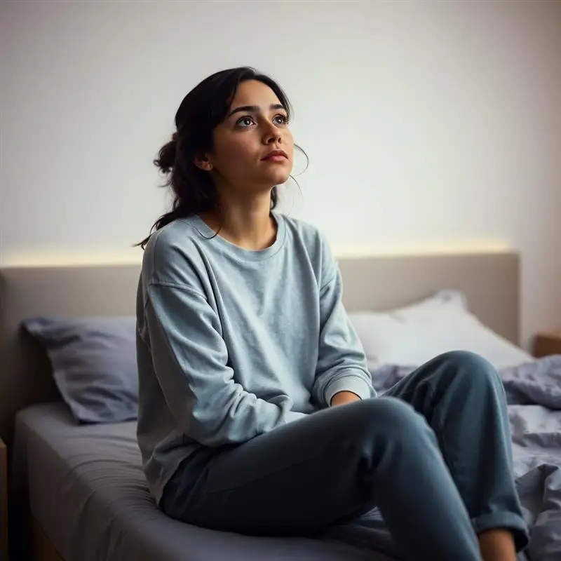Young woman with insomnia sitting awake on bed in bedroom unable to sleep at night