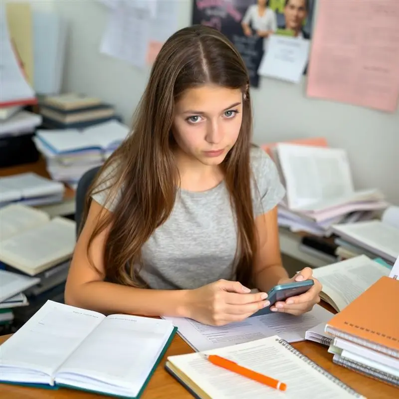 Teen girl with ADHD struggling with focus while studying surrounded by books and school materials
