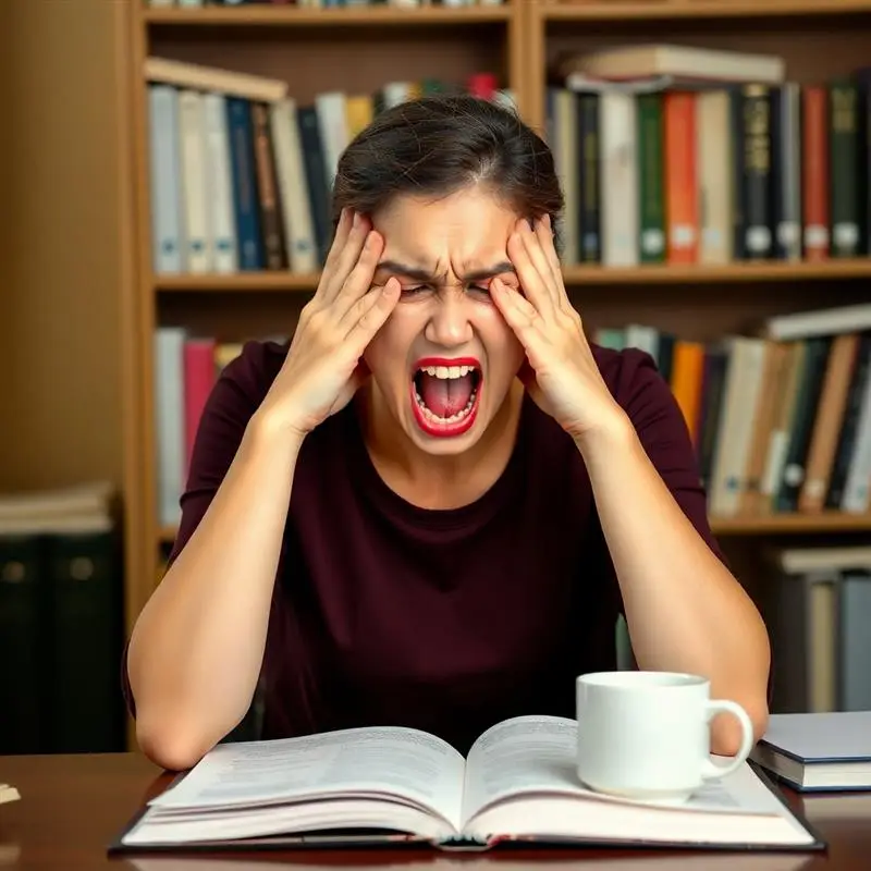 Woman experiencing anger management issues screaming with frustration while studying in library