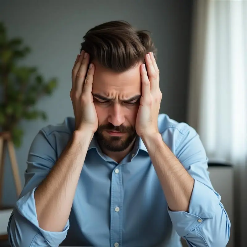 Man experiencing anxiety symptoms holding his head in his hands looking stressed and overwhelmed