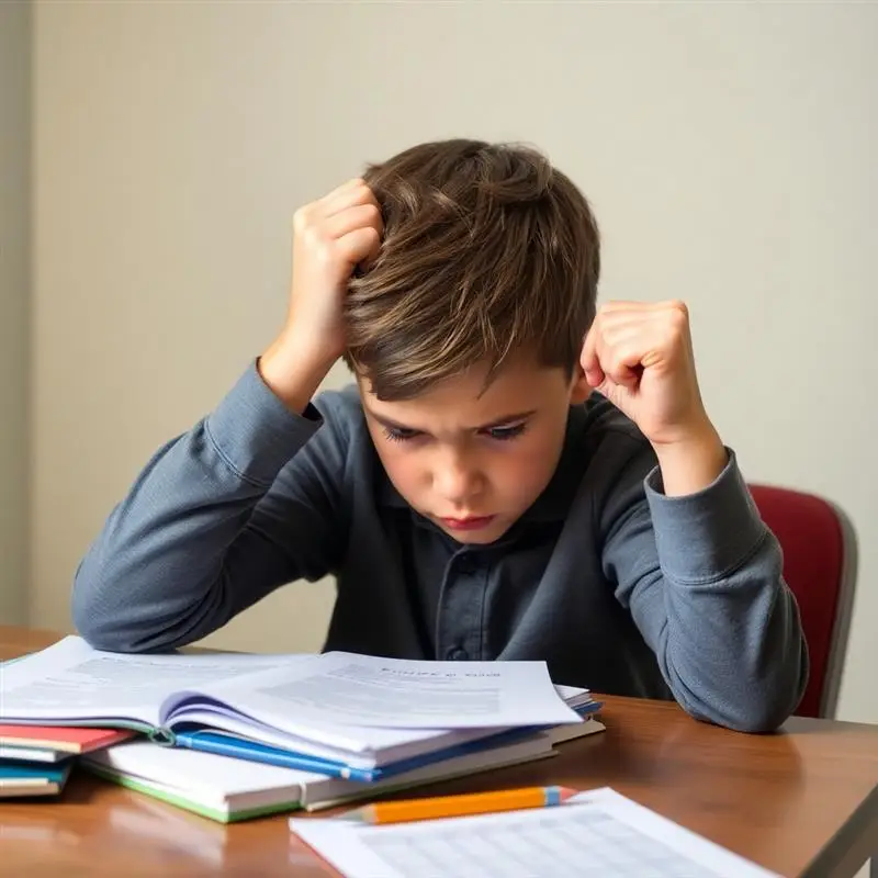 Young boy with OCD showing signs of stress and perfectionism while doing homework at desk