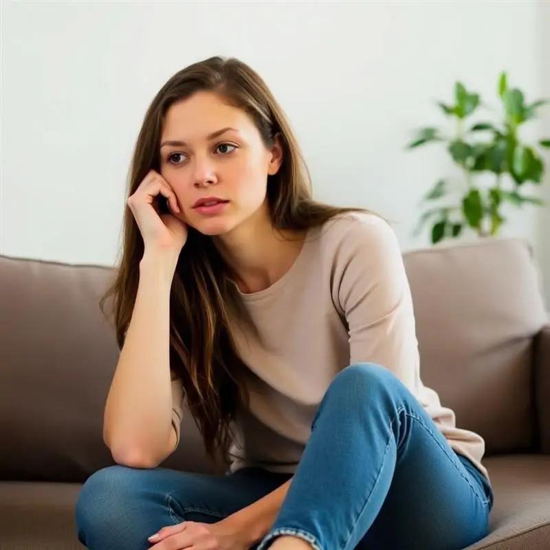 Young woman experiencing depression sitting alone on couch looking sad and contemplative