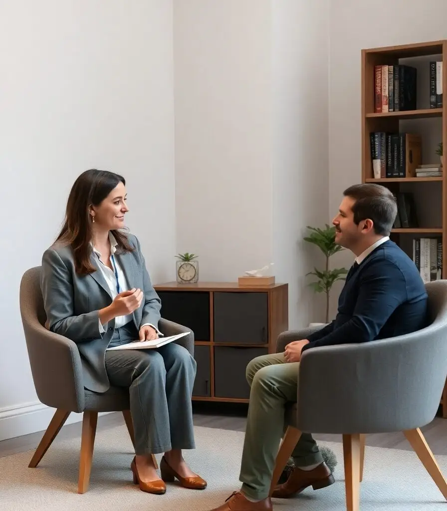 Professional female therapist in gray suit consulting with male client in modern office at Hope Springs Mental Health Clinic