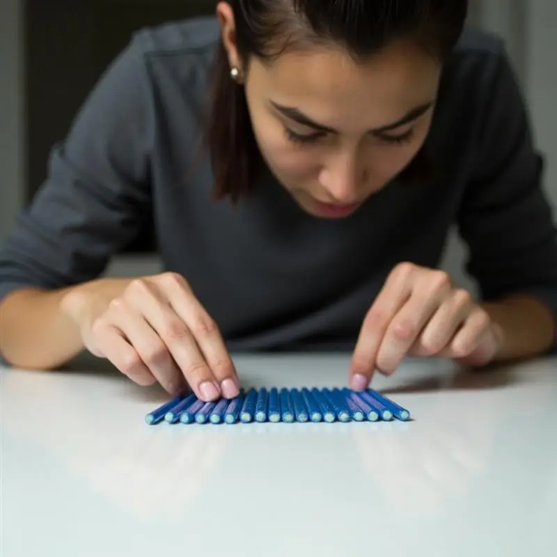 Woman with OCD performing compulsive organizing behavior with blue objects in precise arrangement