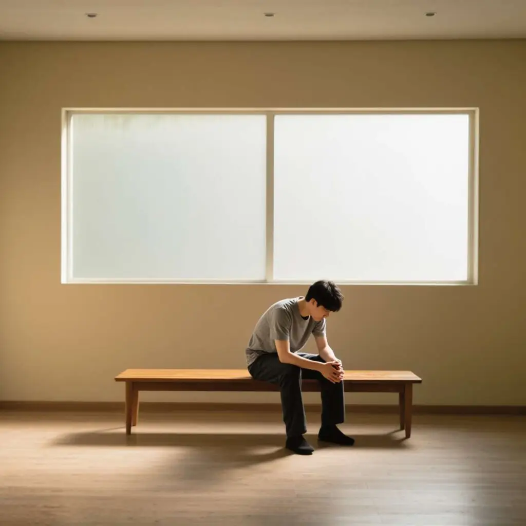 Man experiencing depression sitting alone on bench in therapy waiting room at Hope Springs Mental Health Clinic