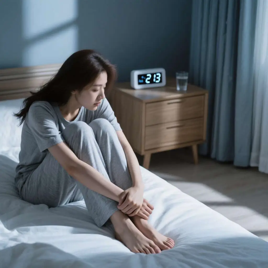 Woman with insomnia sitting on bed at 2:28 AM unable to sleep - Hope Springs Mental Health Clinic insomnia treatment