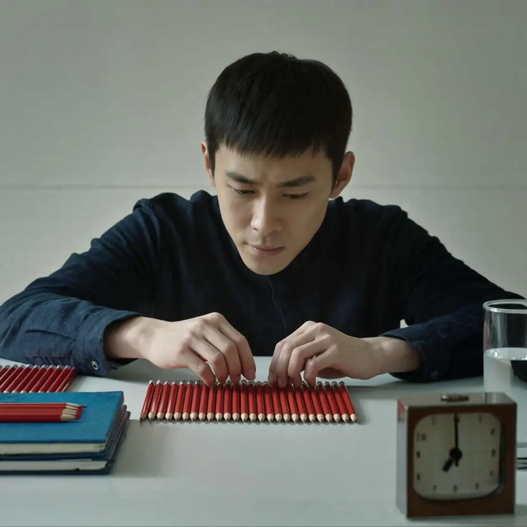Young man with OCD arranging pencils in perfect order showing compulsive behavior - Hope Springs Mental Health Clinic