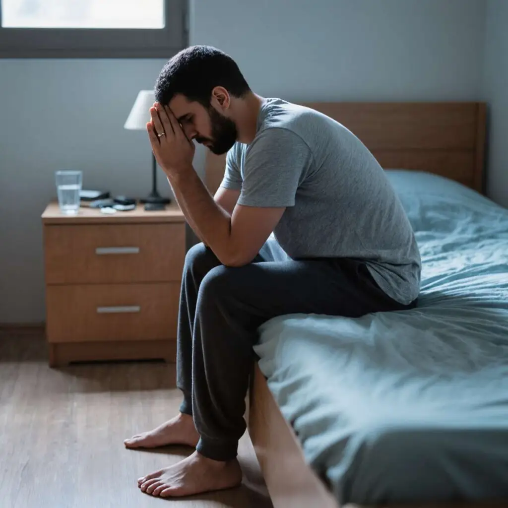 Man experiencing PTSD symptoms sitting on bed holding head in distress - Hope Springs Mental Health Clinic