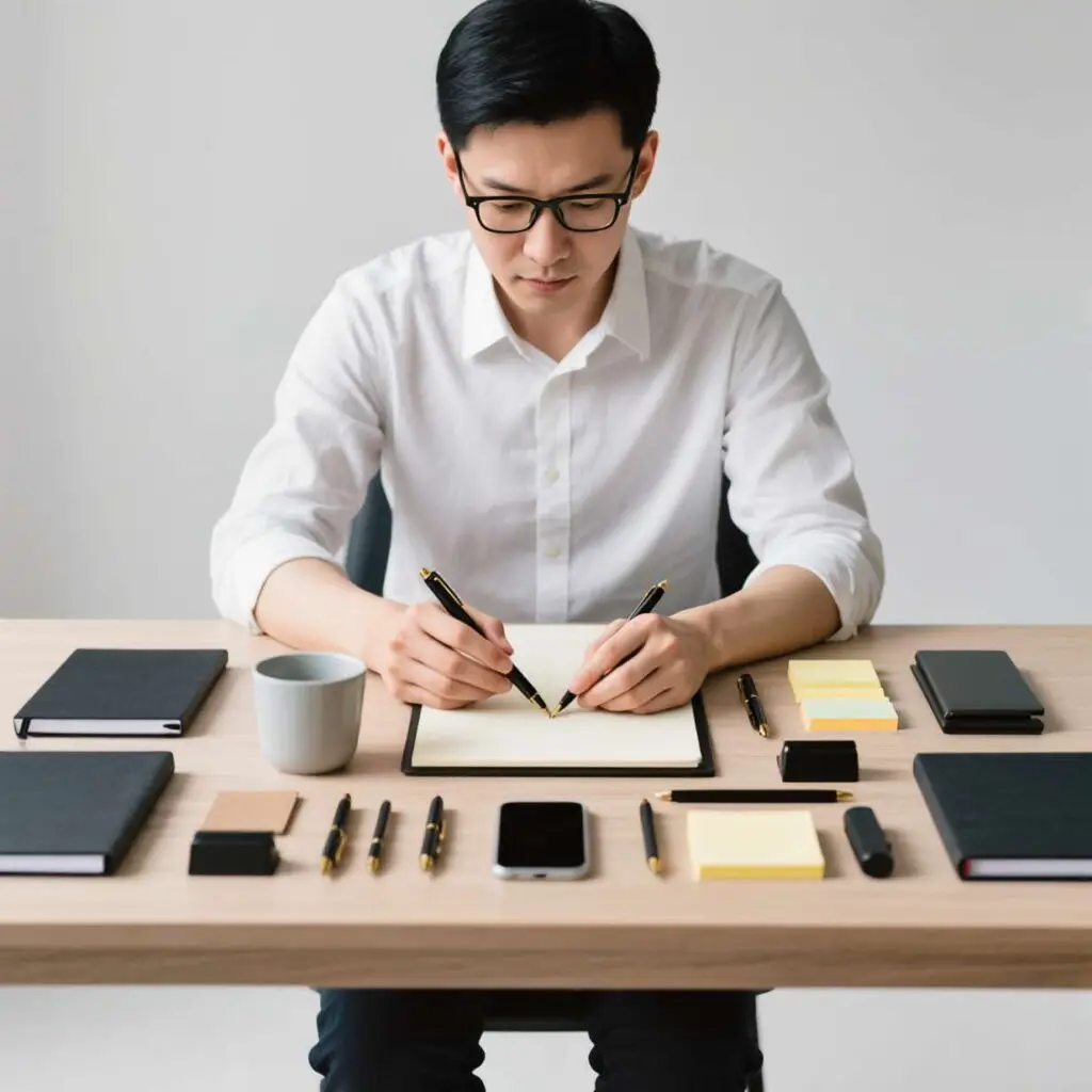 Professional man with OCD showing perfectionist tendencies organizing office supplies symmetrically - Hope Springs Mental Health Clinic