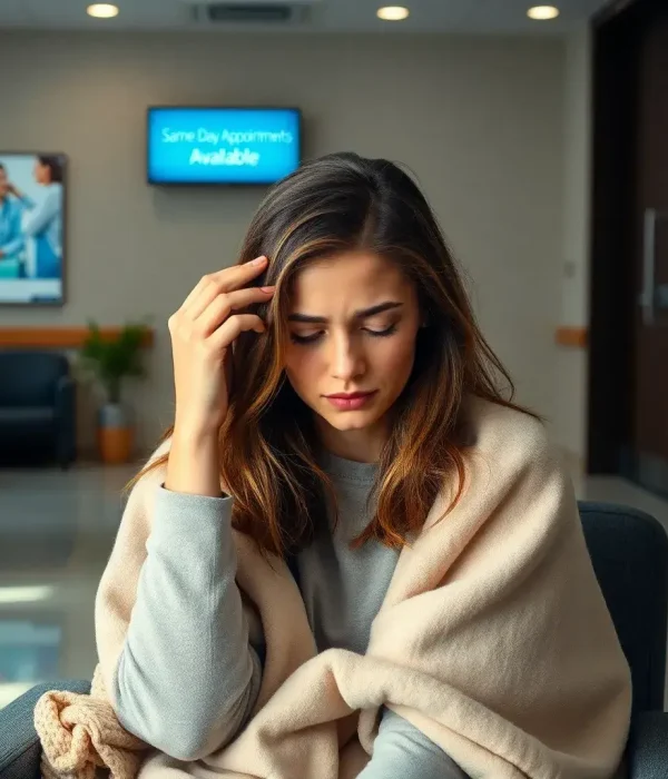 Young woman wrapped in a blanket looking unwell while waiting at Hope Springs Mental Health Clinic